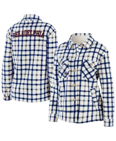 Женские куртки WEAR by Erin Andrews Women's Oatmeal Philadelphia 76ers Plaid Button-Up Shirt Jacket