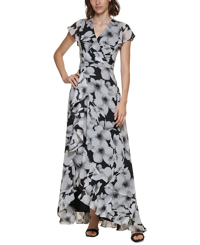 Calvin Klein Printed Flutter-Sleeve Long Dress - Macy's