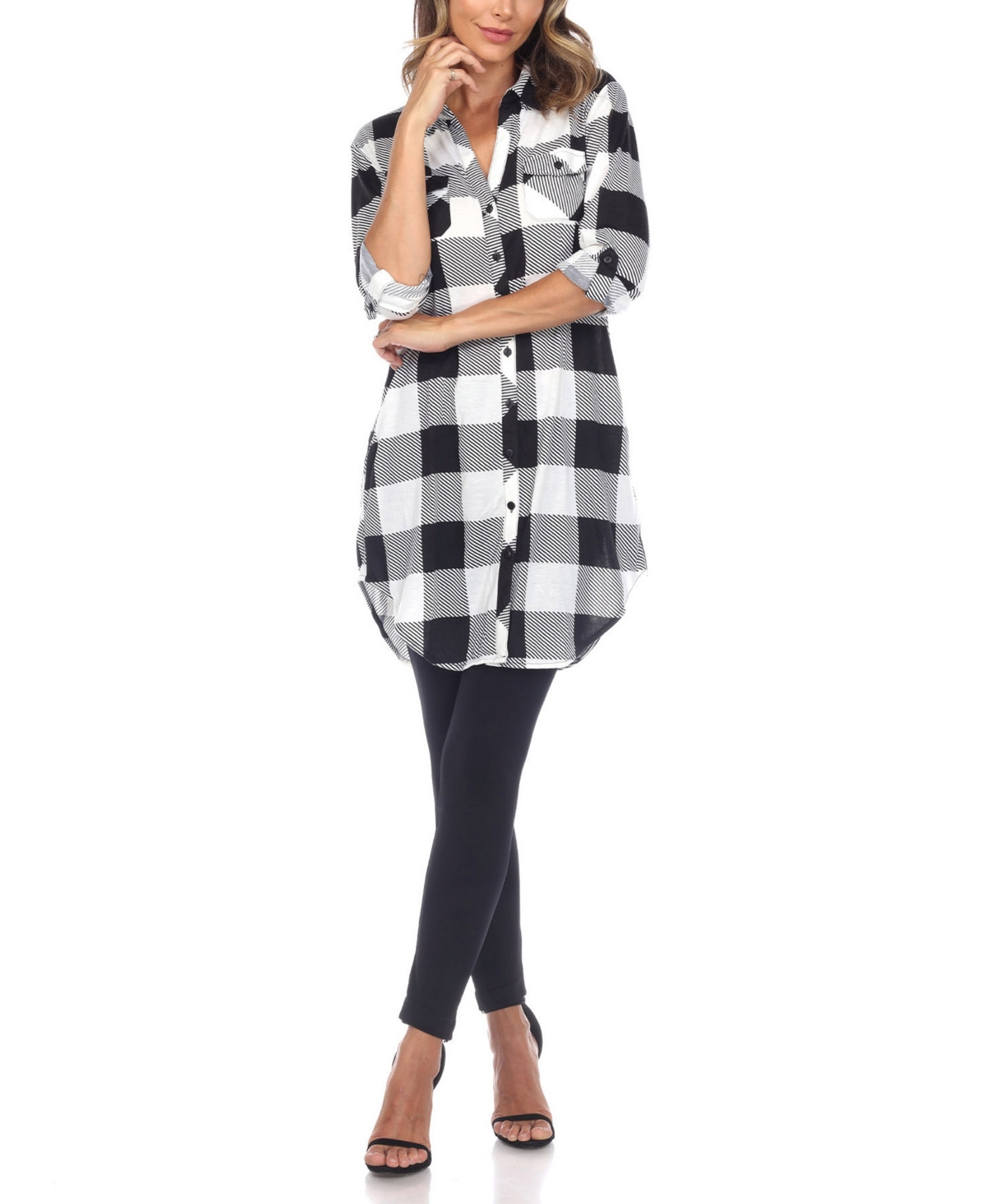 Women's Plaid Tunic Shirt - Black and White