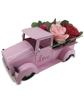 Valentine's Day Pink Retro Truck Roses Flowers Shower Curtain Set Bathroom Decor 