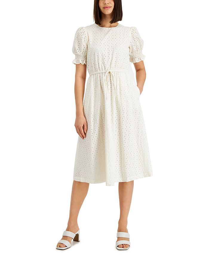Alfani Cotton Eyelet Puff-Sleeve Midi Dress, Created for Macy's - Macy's
