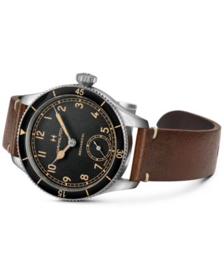Men's Khaki Aviation Pioneer Brown Leather Strap Watch 43mm