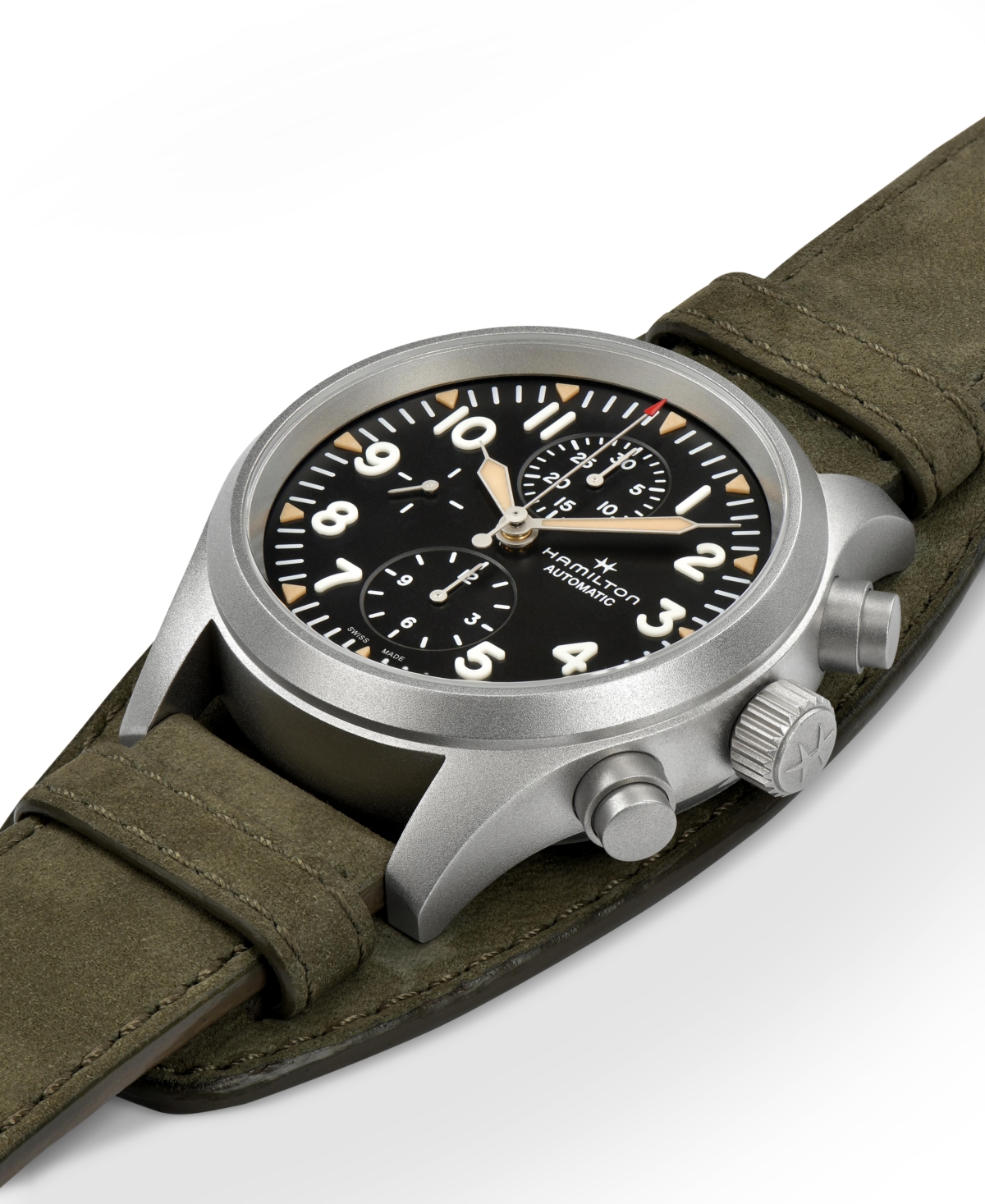 Hamilton Men's Khaki Field Automatic Chronograph Green Leather Strap Watch 44mm