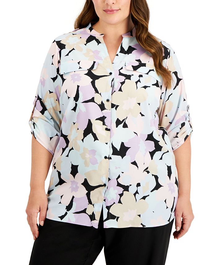 Calvin Klein Plus Size Printed Button Up Shirt & Reviews - Tops - Plus Sizes  - Macy's