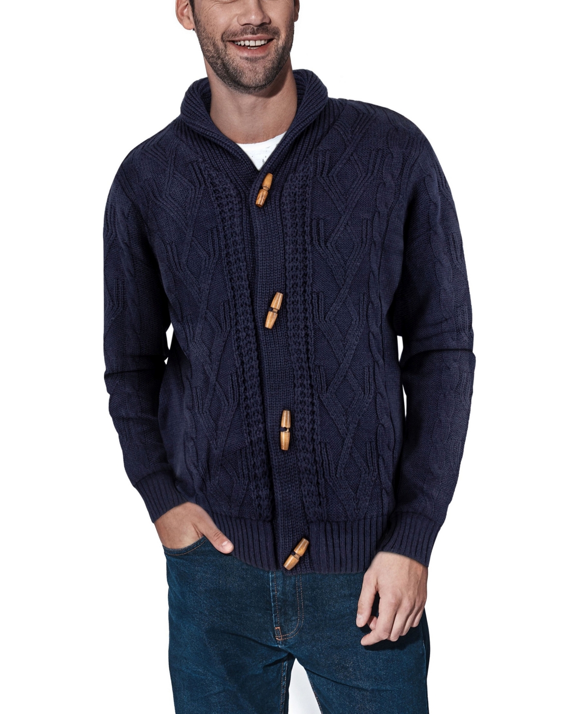 X-ray Men's Shawl Collar Cable Knit Cardigan In Navy | ModeSens