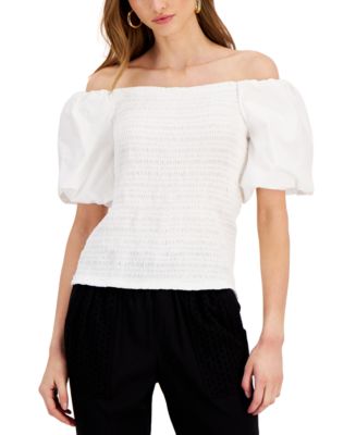 INC International Concepts Women's Smocked Eyelet Sleeves White Size X-Large