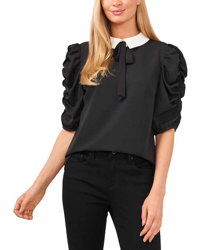 CeCe Women's Ruched Puff-Sleeve Bow Neck Collared Blouse - Macy's