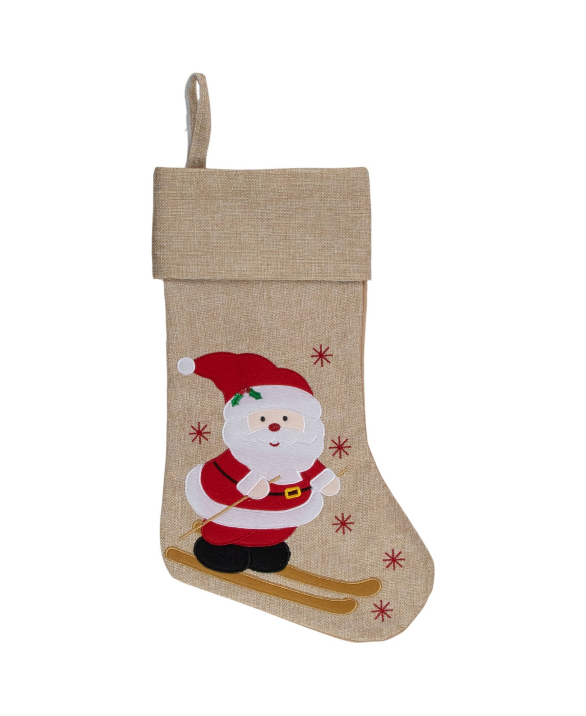 19" Burlap Skiing Santa with Poles and Snowflakes Christmas Stocking - Beige