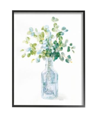 Flower Jar Still Life Green Blue Painting Black Framed Giclee Texturized Art, 16" x 20"