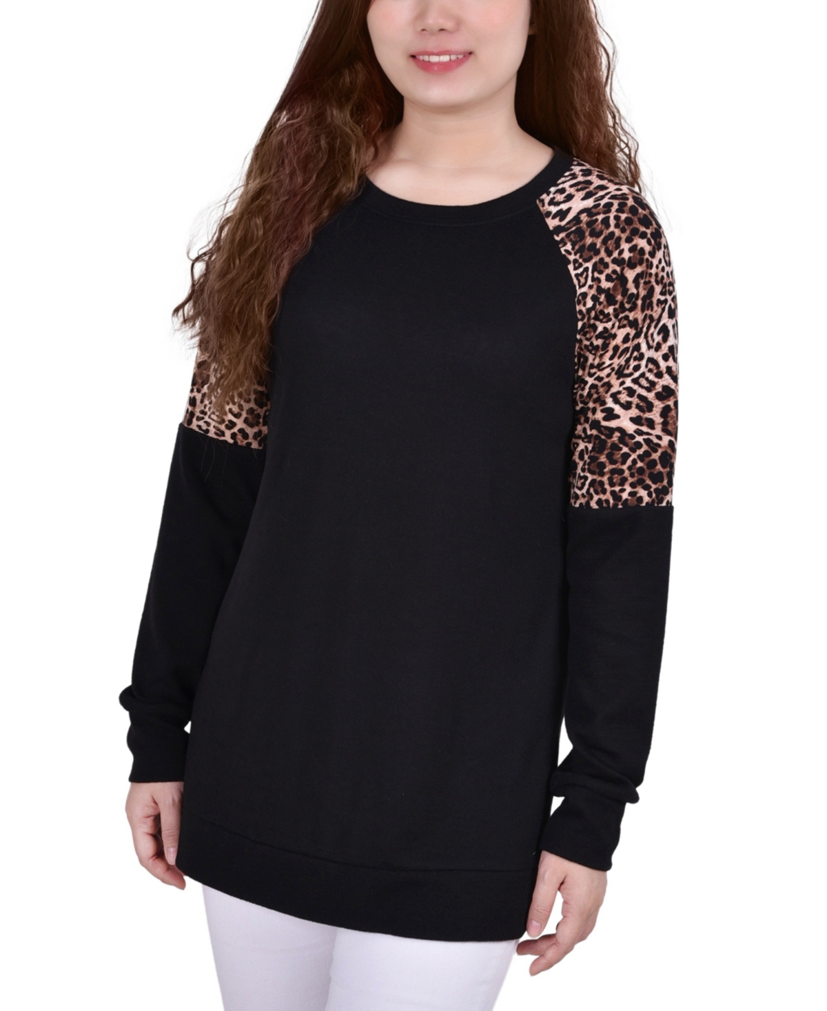 Shop Ny Collection Petite Long Raglan Sleeve Tunic With Animal Print Insets Top In Black,brown,animal