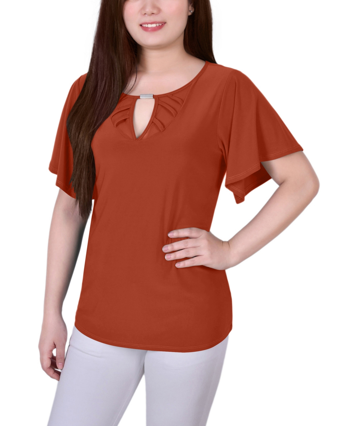 Petite Mesh Flutter Sleeve Knit Top - White