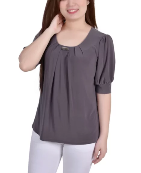 Petite Short Sleeve Balloon Sleeve Top - Charcoal