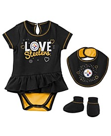 Newborn and Infant Boys and Girls Black Pittsburgh Steelers Play Your Best Bodysuit Bib and Booties Set
