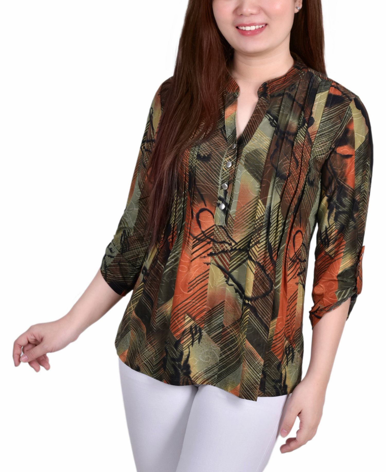 Women's 3/4 Roll Tab Sleeve Y-neck Top
