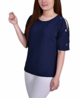 Women's Short Sleeve Honeycomb Textured Grommet Top
