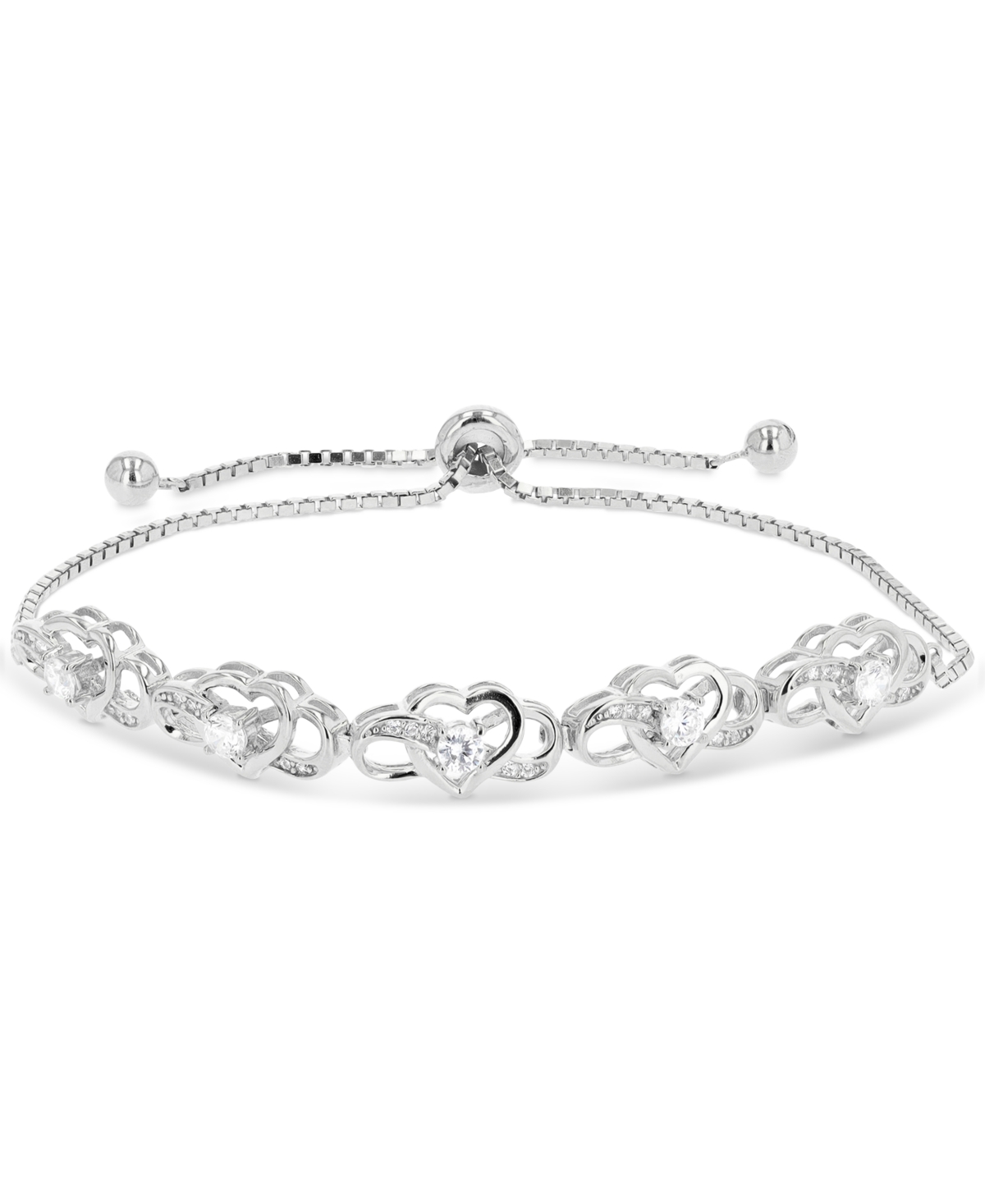 Cubic Zirconia Infinity Heart Bolo Bracelet in Sterling Silver - White