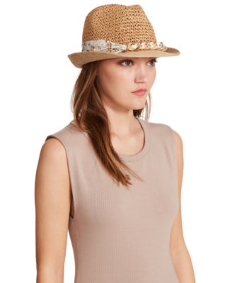 Floral Print Ribbon Chain Straw Fedora 
