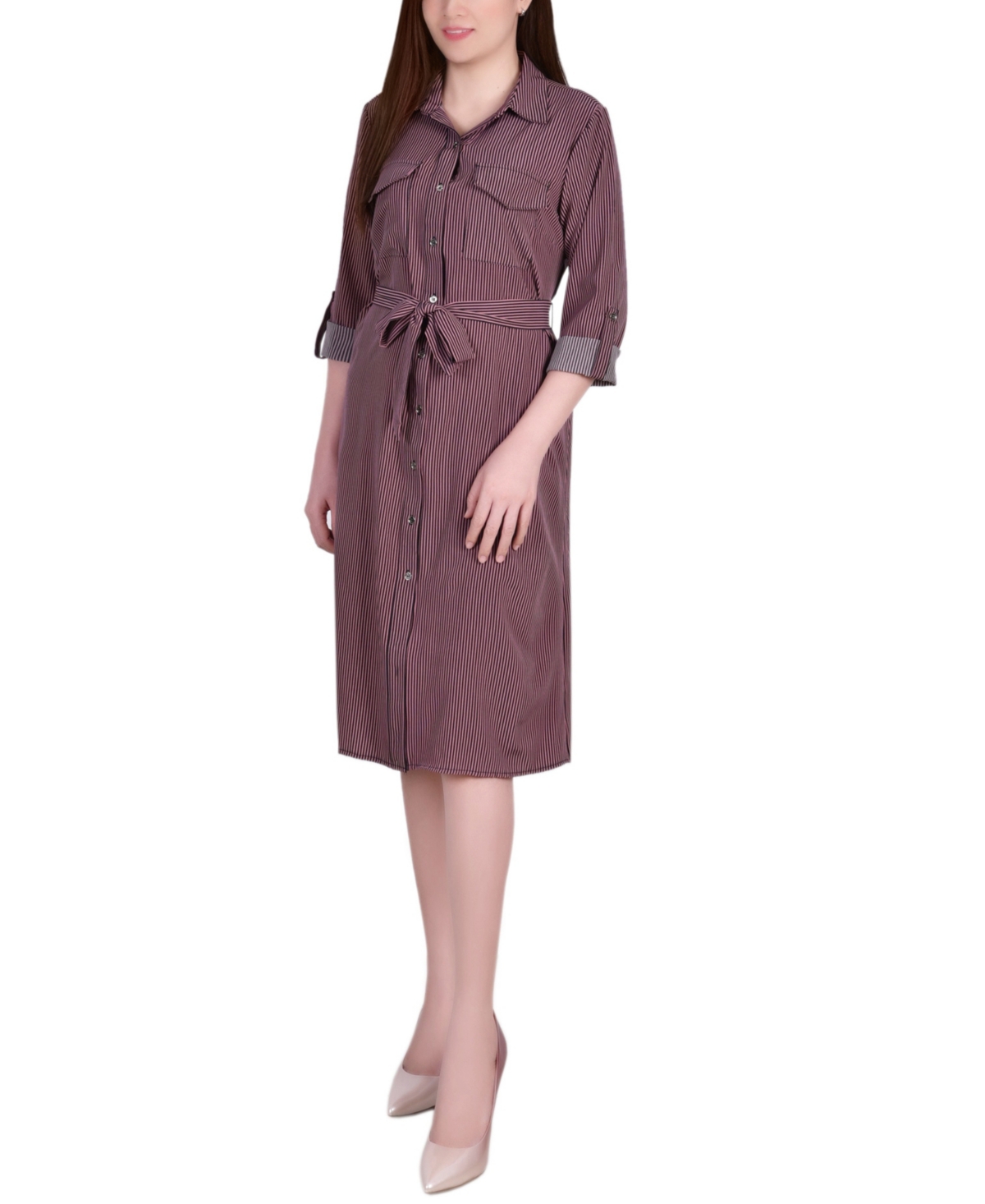 Ny Collection Women's 3/4 Sleeve Roll Tab Shirtdress With Belt In Lilas Tortorella