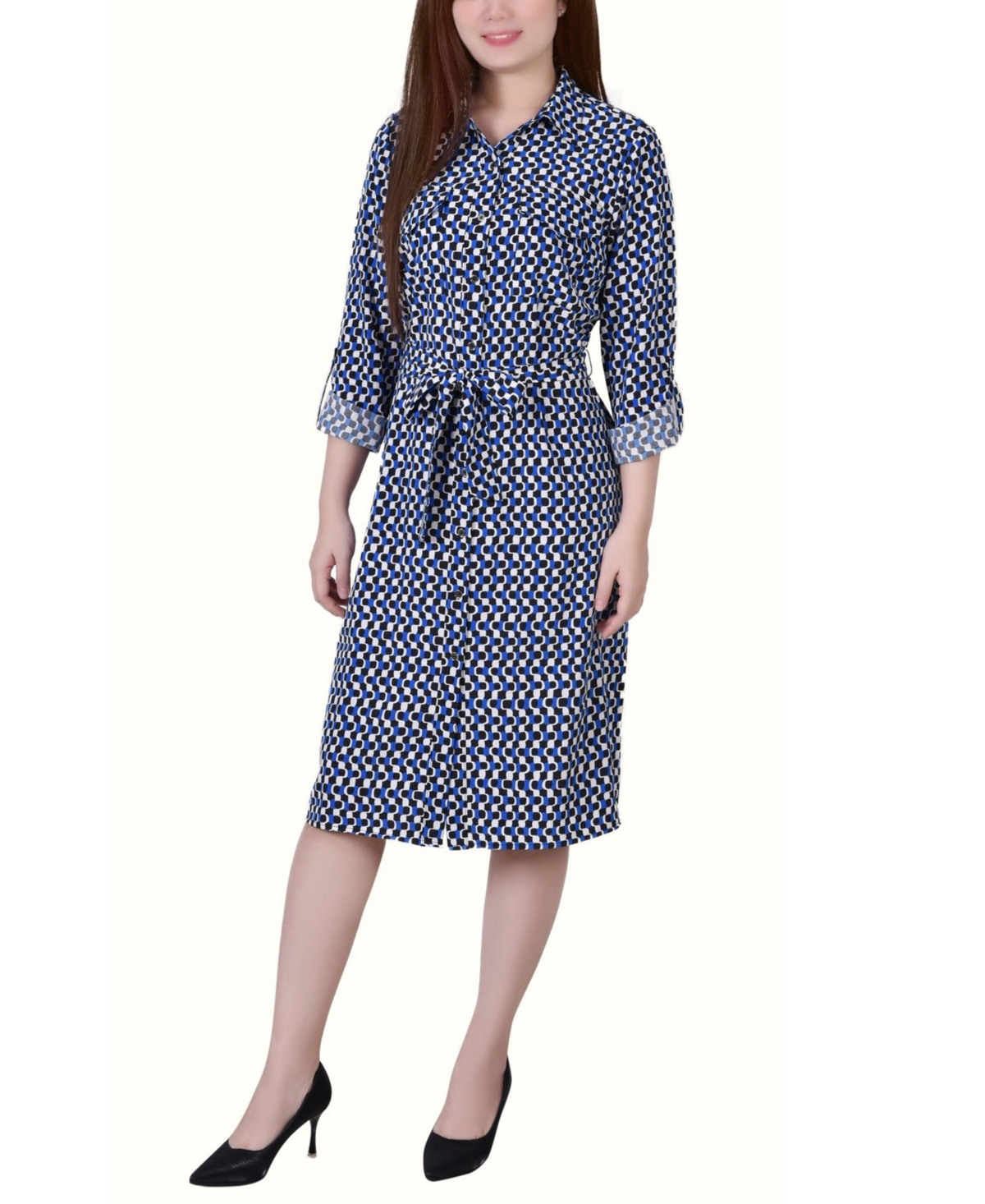 Ny Collection Women's 3/4 Sleeve Roll Tab Shirtdress With Belt In Blue Black White Geometric