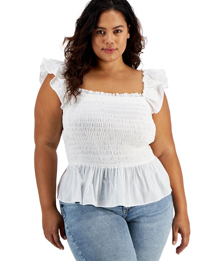 Plus Size Cotton Smocked Ruffled Top, Created for Macy's