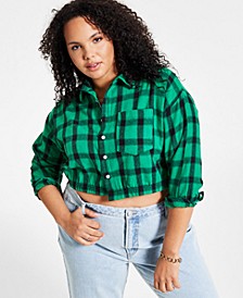 Trendy Plus Size Plaid Button-Down Shirt With Elastic Waistband