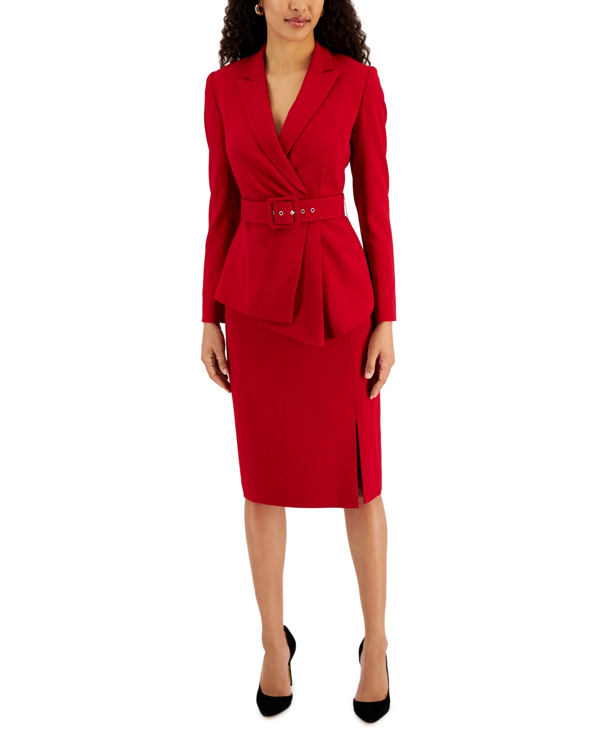 Tahari ASL Womens Belted Notch Collar Jacket with Pencil Skirt Set 
