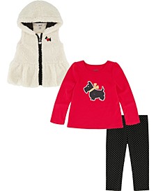 Baby Girls 3 Piece  Hooded Sherpa Vest, Doggie T-shirt and Leggings, 3 Piece Set