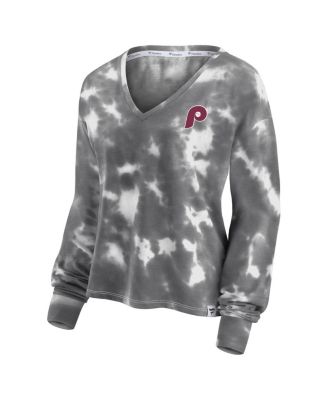 Women's White and Gray Philadelphia Phillies Tie-Dye V-Neck Pullover Cropped Tee