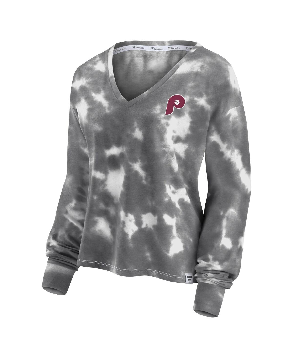 Women's Fanatics White and Gray Philadelphia Phillies Tie-Dye V-Neck Pullover Cropped Tee
