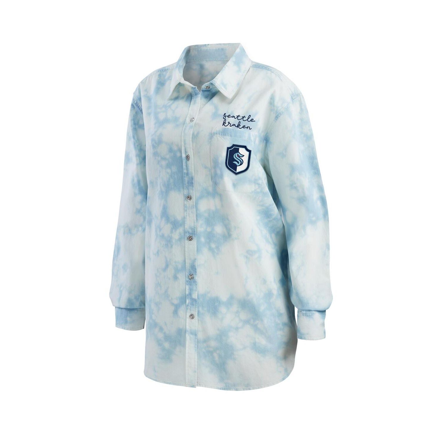 Women's White Seattle Kraken Oversized Tie-Dye Button-Up Denim Shirt