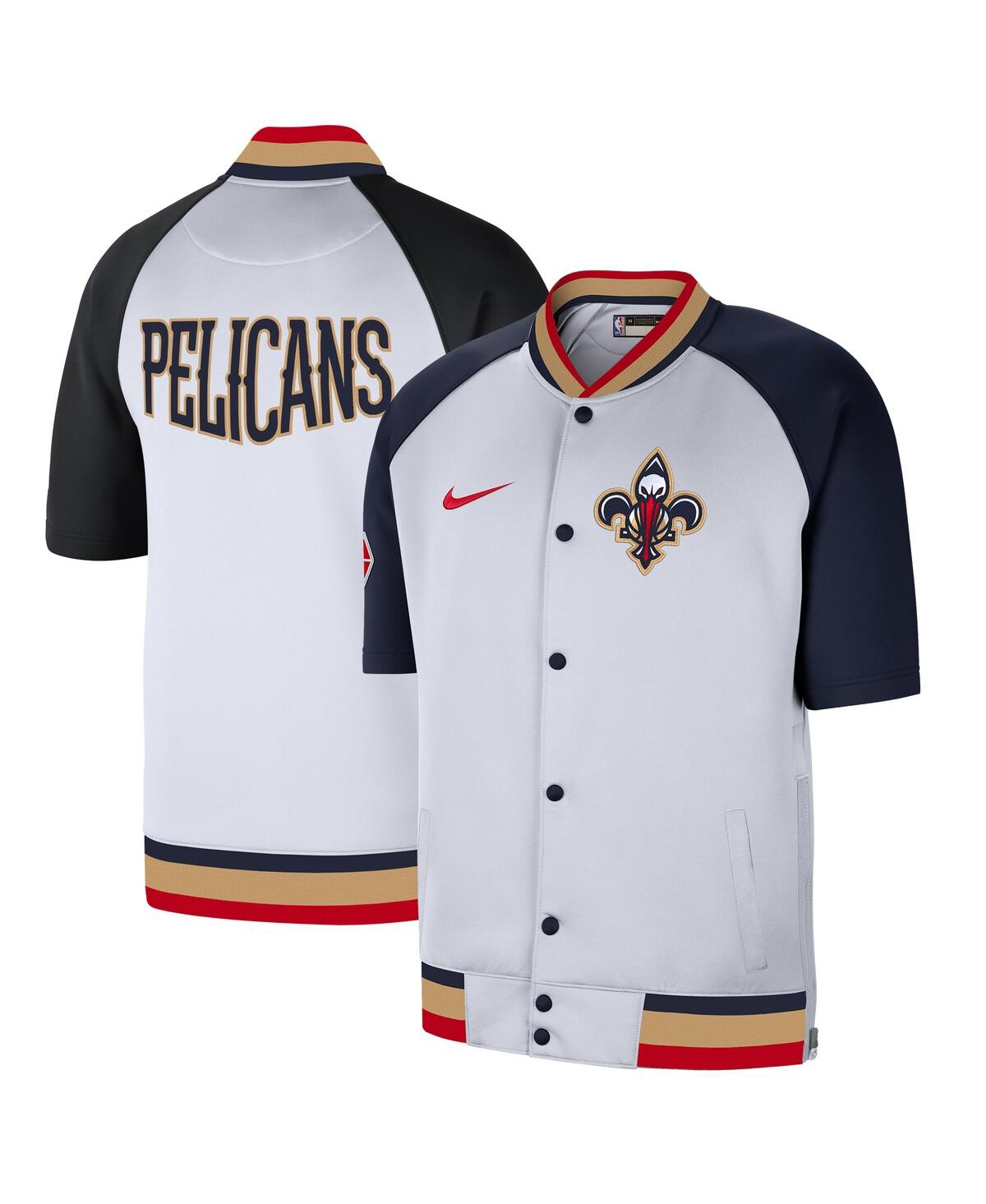 Men's White, Navy New Orleans Pelicans 2021/22 City Edition Therma Flex Showtime Short Sleeve Full-Snap Bomber Jacket