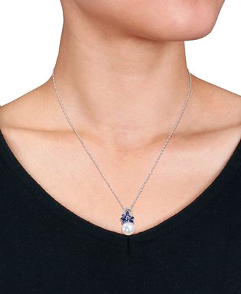 Macy's - Cultured Freshwater Pearl (9-1/2mm), Sapphire (3/4 ct. t.w.), & Diamond (1/20 ct. t.w.) 17" Pendant Necklace in 14k White Gold