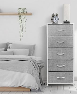 Narrow 5 Drawers Nightstand with Steel Frame, Wood Top, Easy Pull Fabric Bins