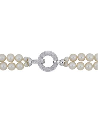 Cultured Freshwater Pearl (7 - 8mm) & Cubic Zirconia Double Strand 17" Collar Necklace