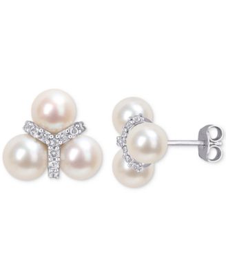 Macy's - Cultured Freshwater Pearl (6 - 6-1/2mm) & White Topaz (1/5 ct. t.w.) Trio Cluster Stud Earrings in Sterling Silver