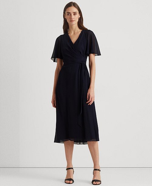 alfani Lauren Ralph Lauren Women's Belted Georgette Dress Women's Fashion Shoes & Accessories