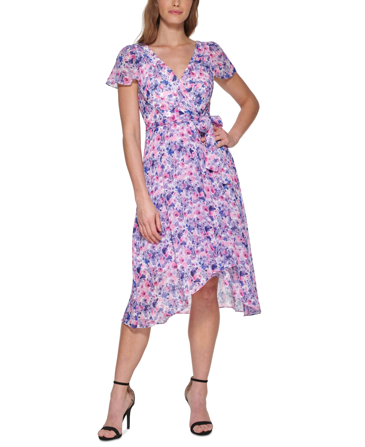 Dkny Floral-print Flutter-sleeve Faux-wrap Dress In Raspberry Multi ...
