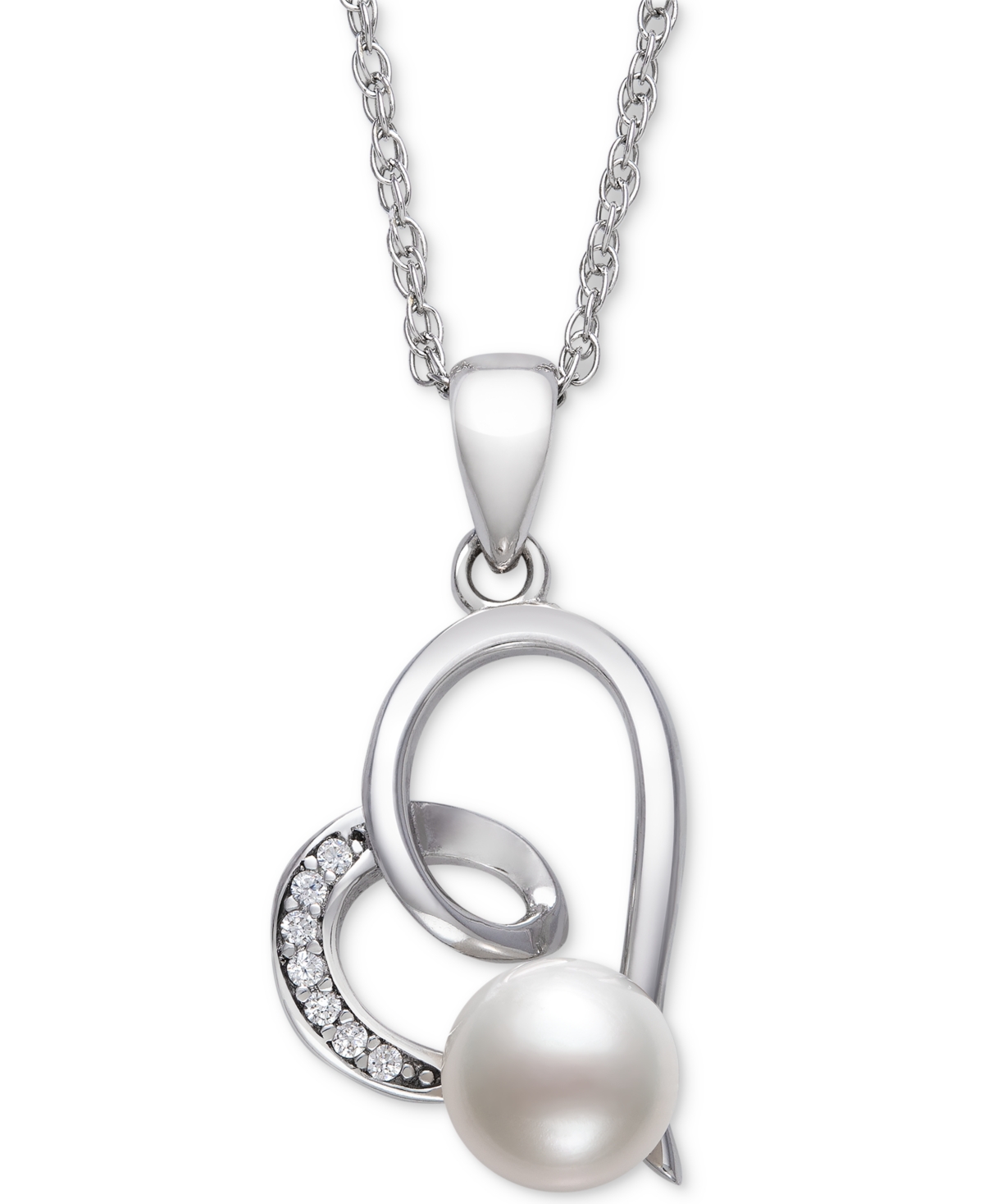 Belle de Mer Cultured Freshwater Button Pearl (6mm) & Cubic Zirconia Heart 18" Pendant Necklace in Sterling Silver