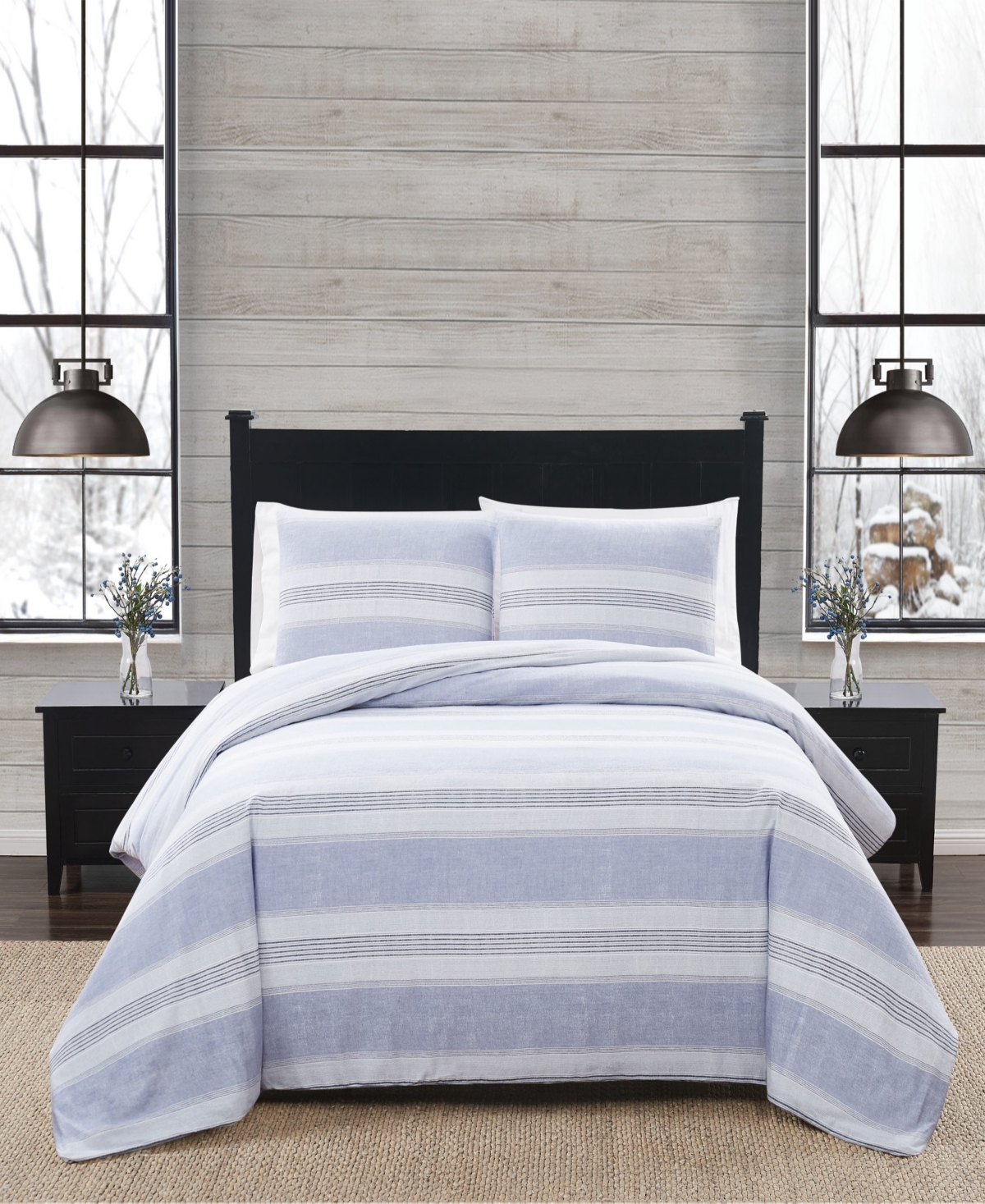 London Fog Stripe 3 Piece Flannel Comforter Set, Full/queen In White,blue