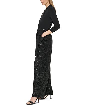 Calvin Klein Jersey Top Sequin Wide Leg Jumpsuit Macy s