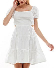 Juniors' Cotton Puff-Sleeve Side-Cutout Tiered Dress