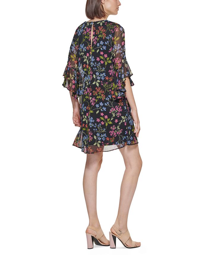 Calvin Klein Floral-Print Bell-Sleeve Shift Dress - Macy's