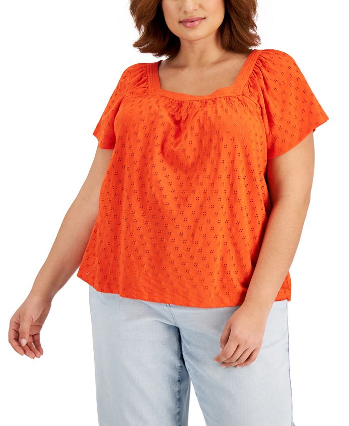 Style & Co Plus Size Cotton Eyelet Knit Top, Created for Macy's