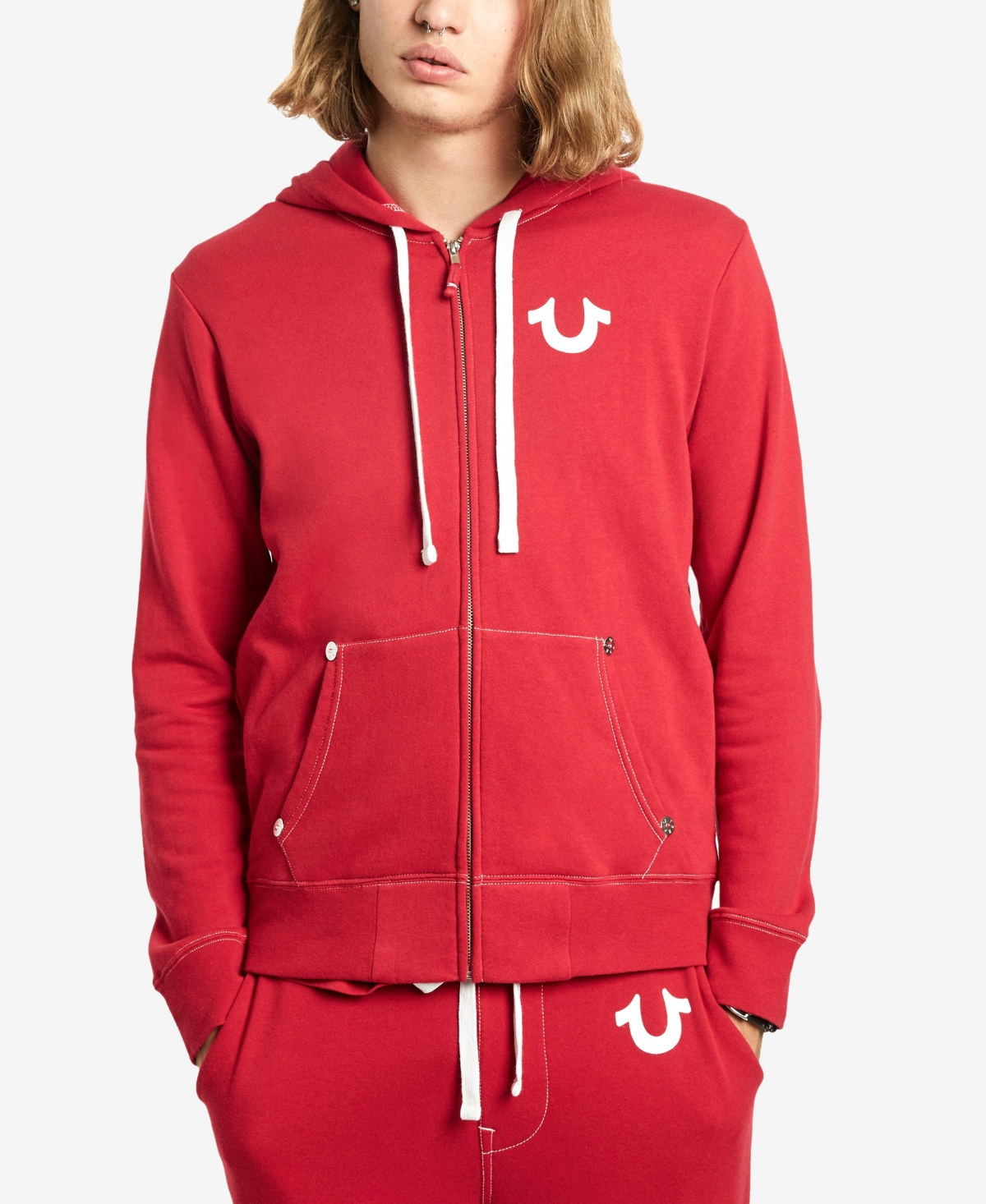 True Religion Men s Classic Logo Zip Up Drawstring Hoodie In Ruby