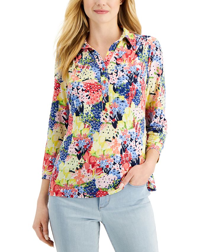 Charter Club Women's Printed 3/4-Sleeve Polo Top, Created for Macy's ...