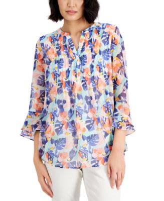Charter Club Petite Pintucked Tropical-Print Top, Created for Macy's ...