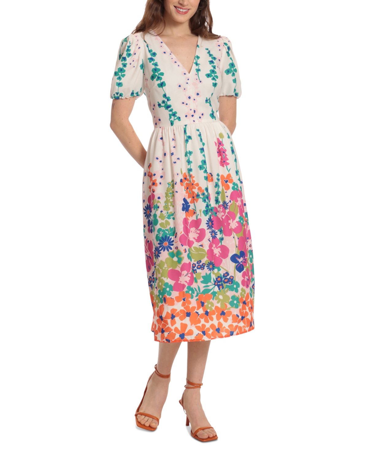 Donna Morgan Puff Sleeve Printed Midi Dress In Ivory Hot Pink | ModeSens