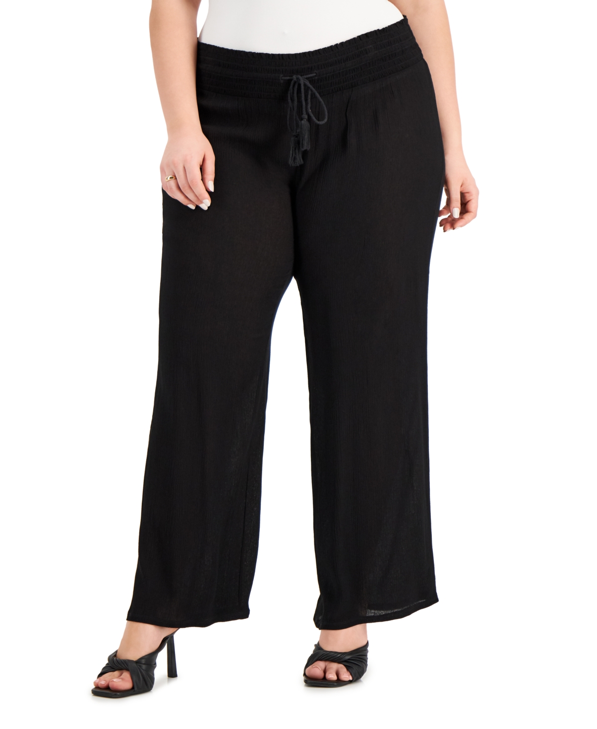 INC INTERNATIONAL CONCEPTS PLUS SIZE SMOCKED-WAIST PULL-ON CRINKLE-GAUZE PANTS, CREATED FOR MACY'S