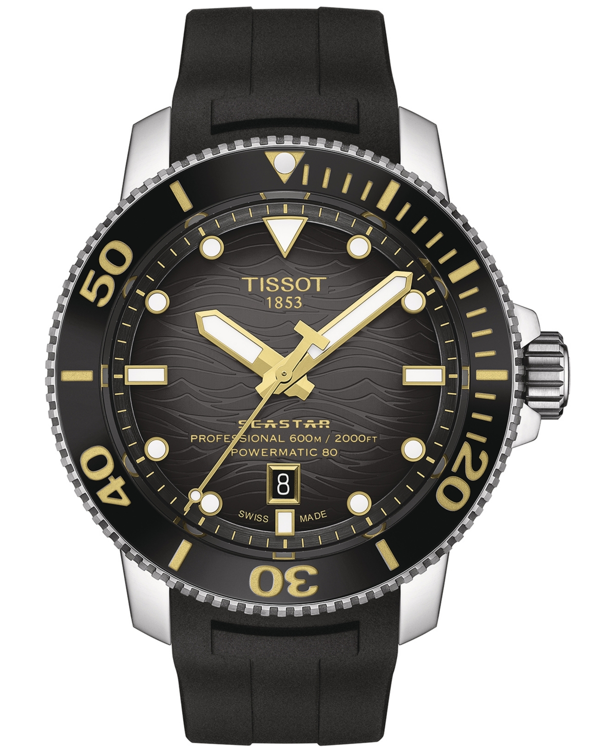 Shop Tissot Men's Seastar 2000 Professional Powermatic 80 Automatic Black Rubber Strap Watch 46mm