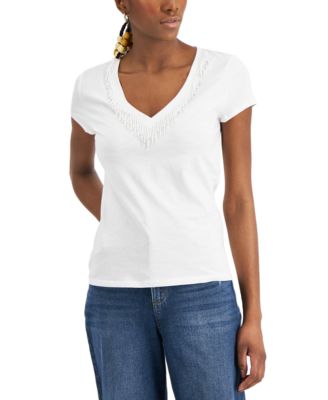 INC International Concepts - Cotton Beaded-Fringe-Trim V-Neck Top